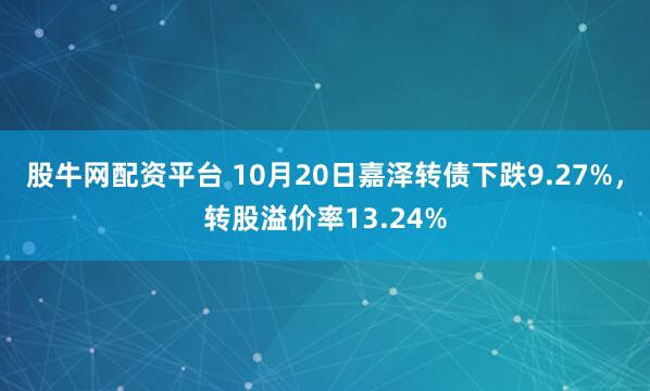股牛网配资平台 10月20日嘉泽转债下跌9.27%，转股溢价率13.24%